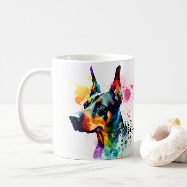 Colourful Doberman Pincher Dog  Pet Coffee Mug, Cu Mug (With Donut)