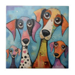 Colourful Dog Abstract Art Cartoon-style Ceramic Tile<br><div class="desc">This artwork features an abstract, cartoon-style depiction of multiple dog heads, each uniquely decorated with patterns such as hearts, polka dots, and swirls. Rendered in bright, cheerful colours including blue, pink, and orange, the composition is set against a soft blue gradient background that evokes a dreamy, uplifting atmosphere. The vibrant...</div>