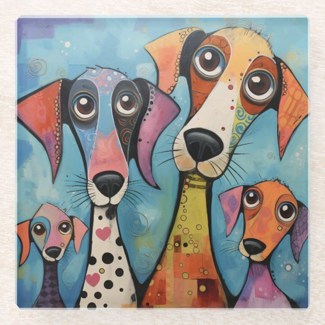 Colourful Dog Abstract Art Cartoon-style Glass Coaster (Front)