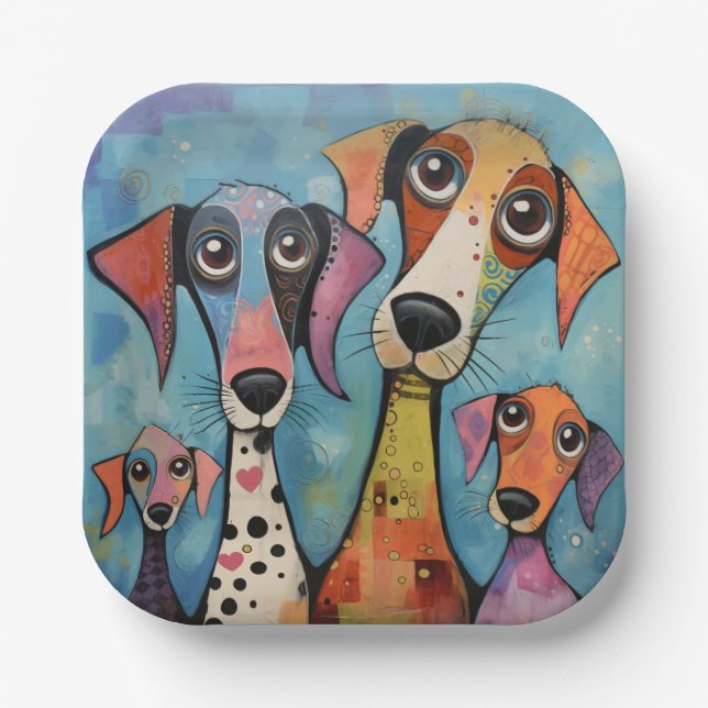Colourful Dog Abstract Art Cartoon-style Paper Plate (Front)