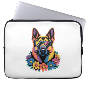 Colourful Dog Art with Flowers & Shades Laptop Sleeve