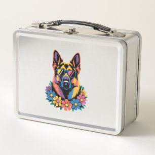 Colourful Dog Art with Flowers & Shades Metal Lunch Box