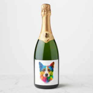 Colourful dog artwork sparkling wine label