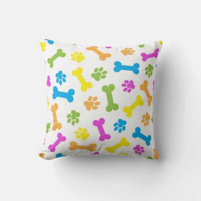 Colourful Dog Bones And Paw Prints Cushion (Front)