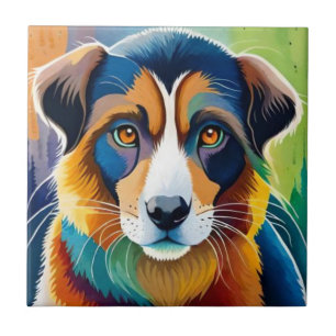 Colourful dog face close up ceramic tile