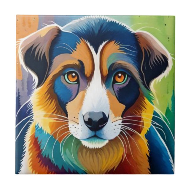 Colourful dog face close up  ceramic tile (Front)