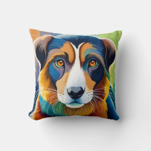 Colourful dog face close up cushion