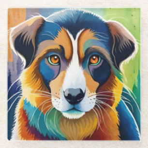 Colourful dog face close up  glass coaster