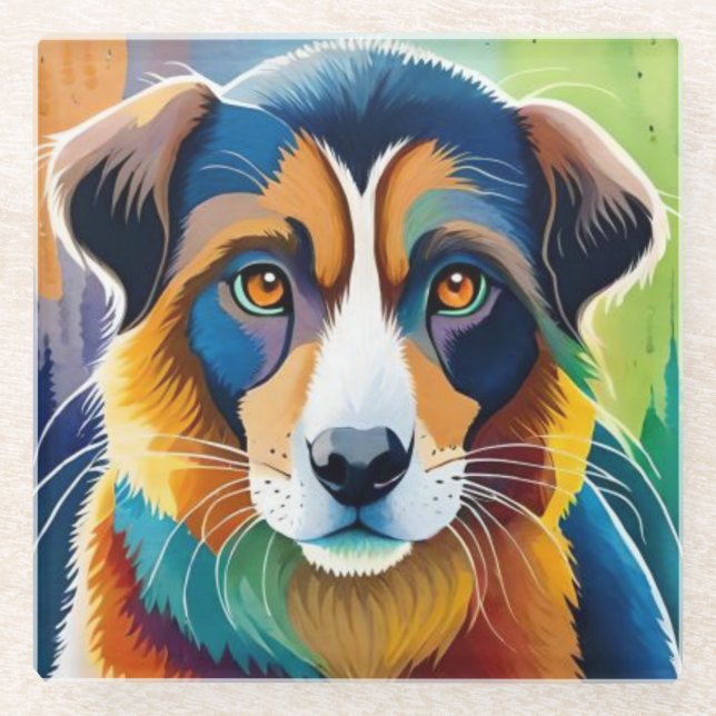 Colourful dog face close up  glass coaster (Front)
