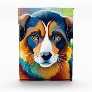 Colourful dog face close up photo block