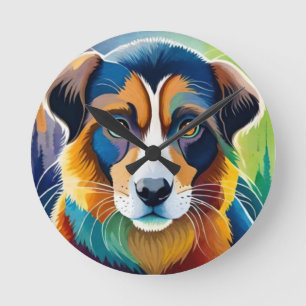 Colourful dog face close up round clock