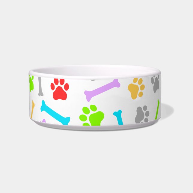 Colourful Dog Paw & Bones Seamless Pattern Bowl (Front)