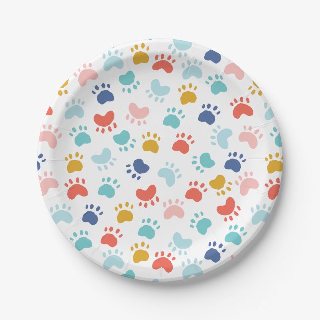 Colourful Dog Paw Party  Paper Plate (Front)