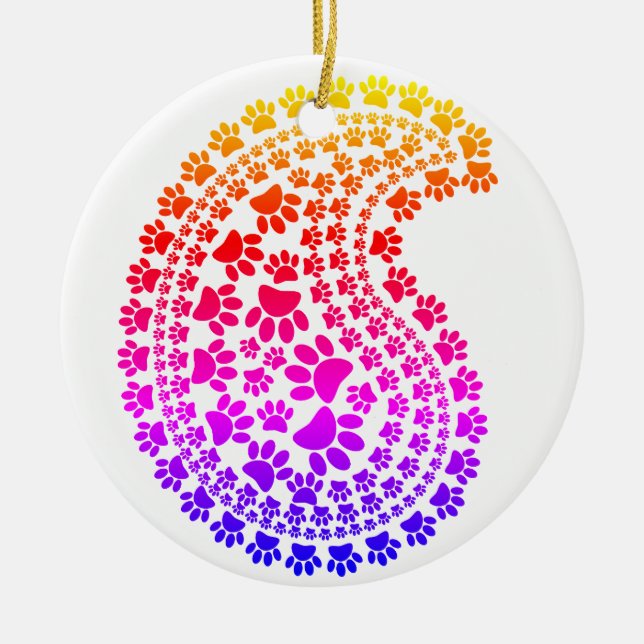 Colourful Dog Paw Print Paisley Pattern Ceramic Ornament (Front)