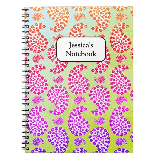 Colourful Dog Paw Print Paisley Vintage Style Notebook (Front)
