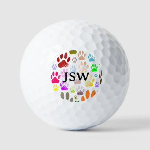 Colourful Dog Paw Prints All Over Custom Initials Golf Balls