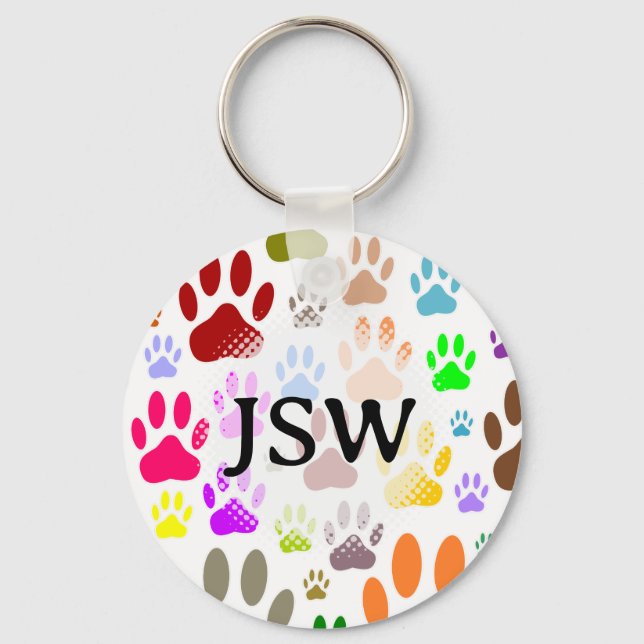 Colourful Dog Paw Prints All Over Custom Initials  Key Ring (Front)