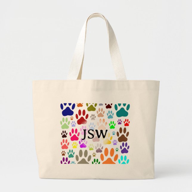 Colourful Dog Paw Prints All Over Custom Initials  Large Tote Bag (Front)