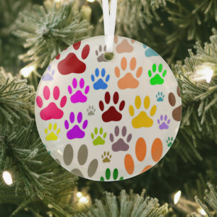 Colourful Dog Paw Prints All Over Glass Tree Decoration