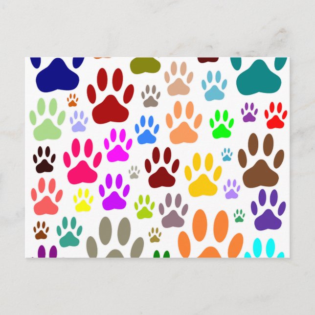 Colourful Dog Paw Prints All Over Postcard (Front)