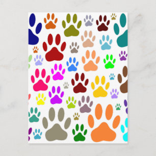 Colourful Dog Paw Prints All Over Postcard