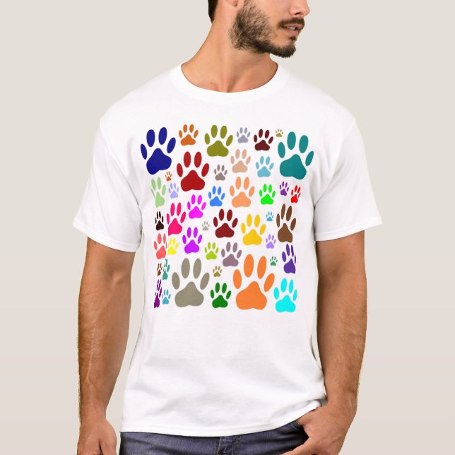 Colourful Dog Paw Prints All Over T-Shirt (Front)