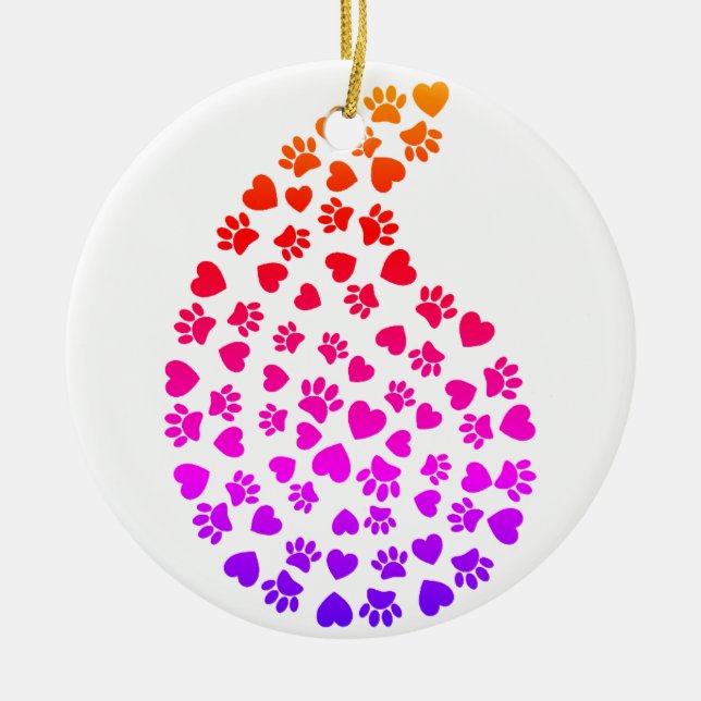 Colourful Dog Paw Prints And Hearts Paisley Patter Ceramic Ornament (Front)