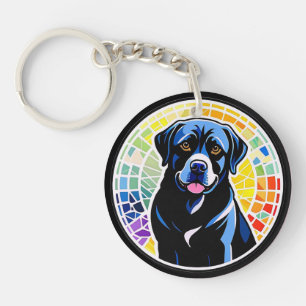Colourful Dog Portrait in Rainbow Mosaic Circle Key Ring