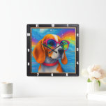 Colourful Dog Sunglasses Pop Art Square Wall Clock<br><div class="desc">This vibrant wall clock features an artistic illustration of a dog sporting cool, colourful sunglasses, rendered in a striking pop art style. Its bold design and cheerful hues make it a funky and unique decorative piece, perfect for adding a touch of whimsy and personality to any modern living space or...</div>
