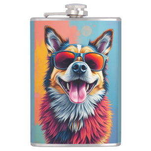 Colourful Dog with Sunglasses Hip Flask