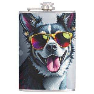 Colourful Dog with Sunglasses Hip Flask