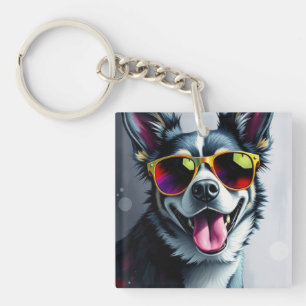 Colourful Dog with Sunglasses Key Ring