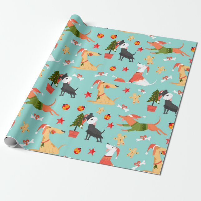 Colourful Dogs Christmas Pattern Wrapping Paper (Unrolled)