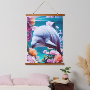 Colourful Dolphin in a Floral Ocean - Ocean Lover  Hanging Tapestry
