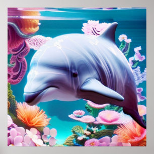 Colourful Dolphin in a Floral Ocean - Ocean Lover Poster