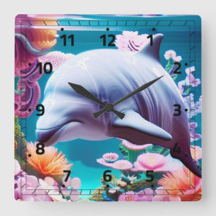 Colourful Dolphin in a Floral Ocean - Ocean Lover  Square Wall Clock