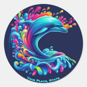 Colourful Dolphin Splash Classic Round Sticker