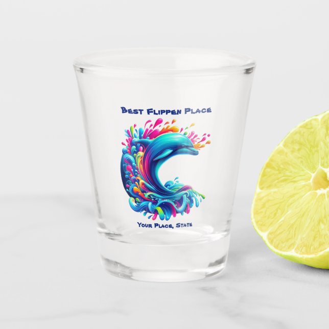 Colourful Dolphin Splash Shot Glass (Front)