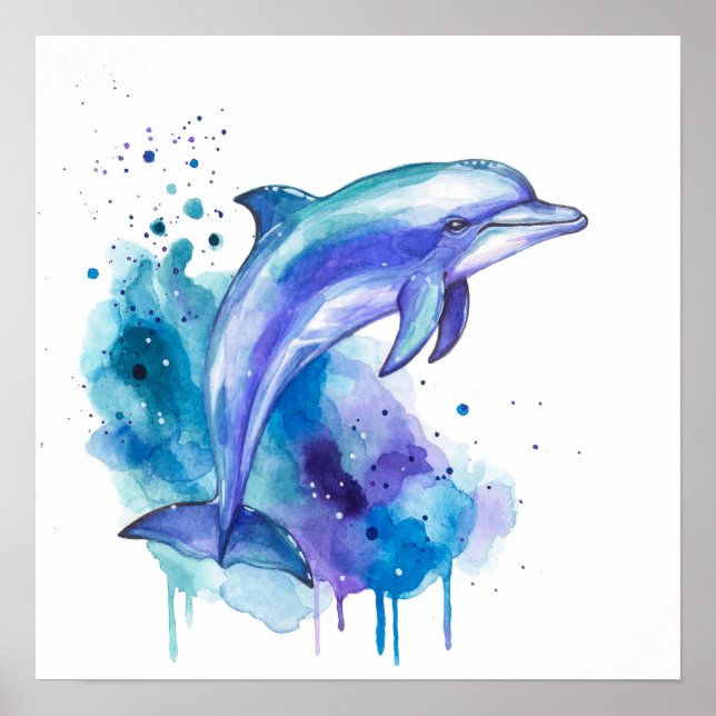Colourful Dolphin Watercolour Artwork Poster (Front)