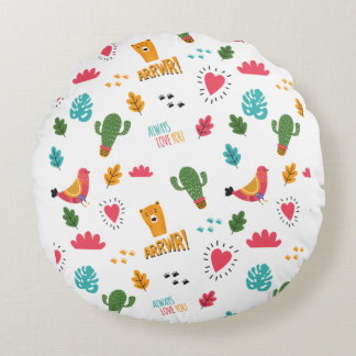 Colourful Doodle Animals And Words Pattern Round Cushion