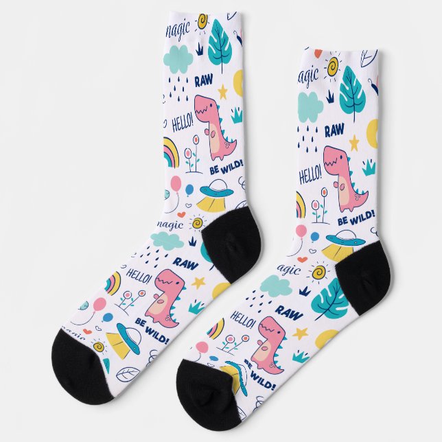 Colourful doodle animals and words pattern socks (Left)