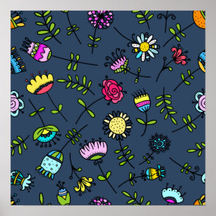 Colourful Doodle Flower Pattern on Dark Blue Poster