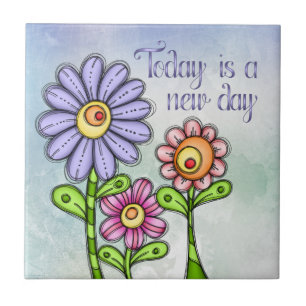 Colourful Doodle Flower Trio Ceramic Tile