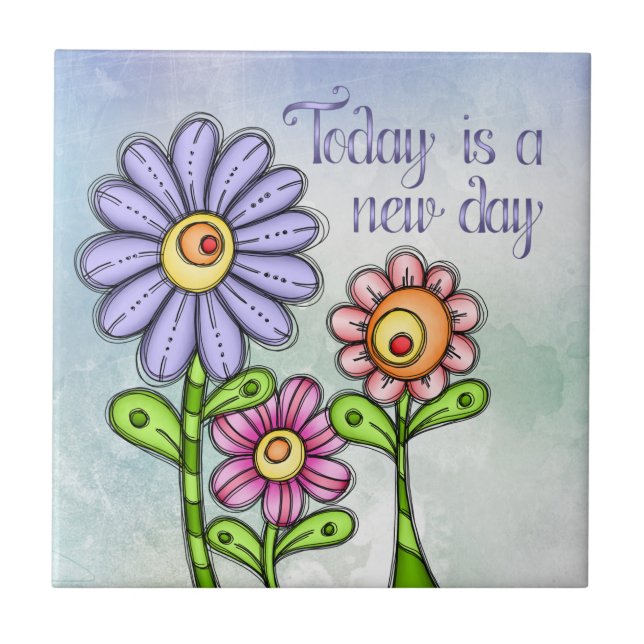 Colourful Doodle Flower Trio Ceramic Tile (Front)