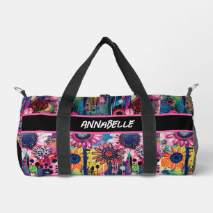  Colourful Doodle Flowers Print Duffle Bag