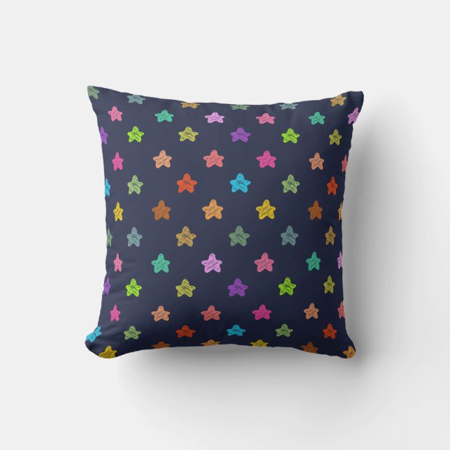 Colourful Doodle Fun Stars Pattern on Blue Cushion (Front)