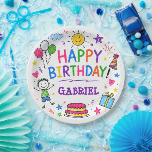 Colourful Doodle Happy Birthday Custom Name Kids Paper Plate