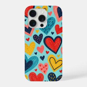 Colourful Doodle Hearts on Aqua iPhone 15 Pro Case