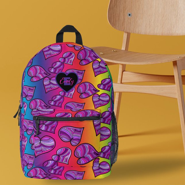 Colourful Doodle Hearts on Rainbow Gradient Name  Printed Backpack (Creator Uploaded)