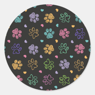 Colourful doodle paw prints classic round sticker